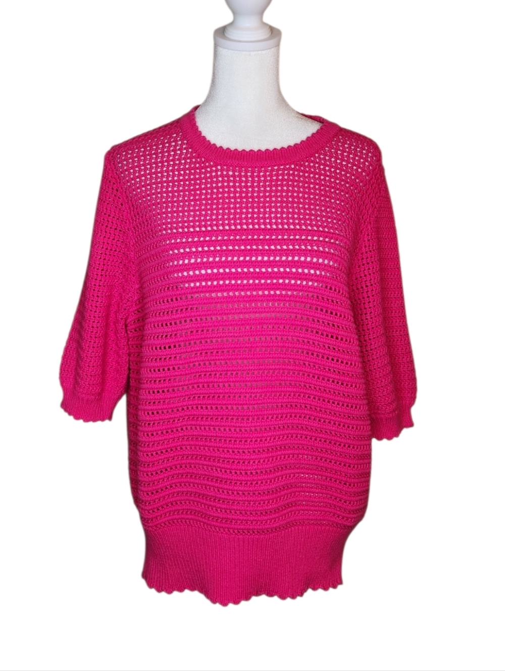 NEW Ann Taylor Open Knit Scalloped Edge Bright Pink Sweater Size Large